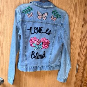 New Anthropologie Endless Rose Denim Jean Jacket, Love is Blind embroidered
